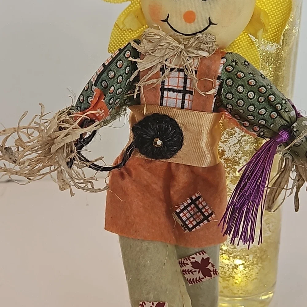 Hand Crafted Upcycled Fall Bottle Art Floral Sunflower Scarecrow Lighgt- up